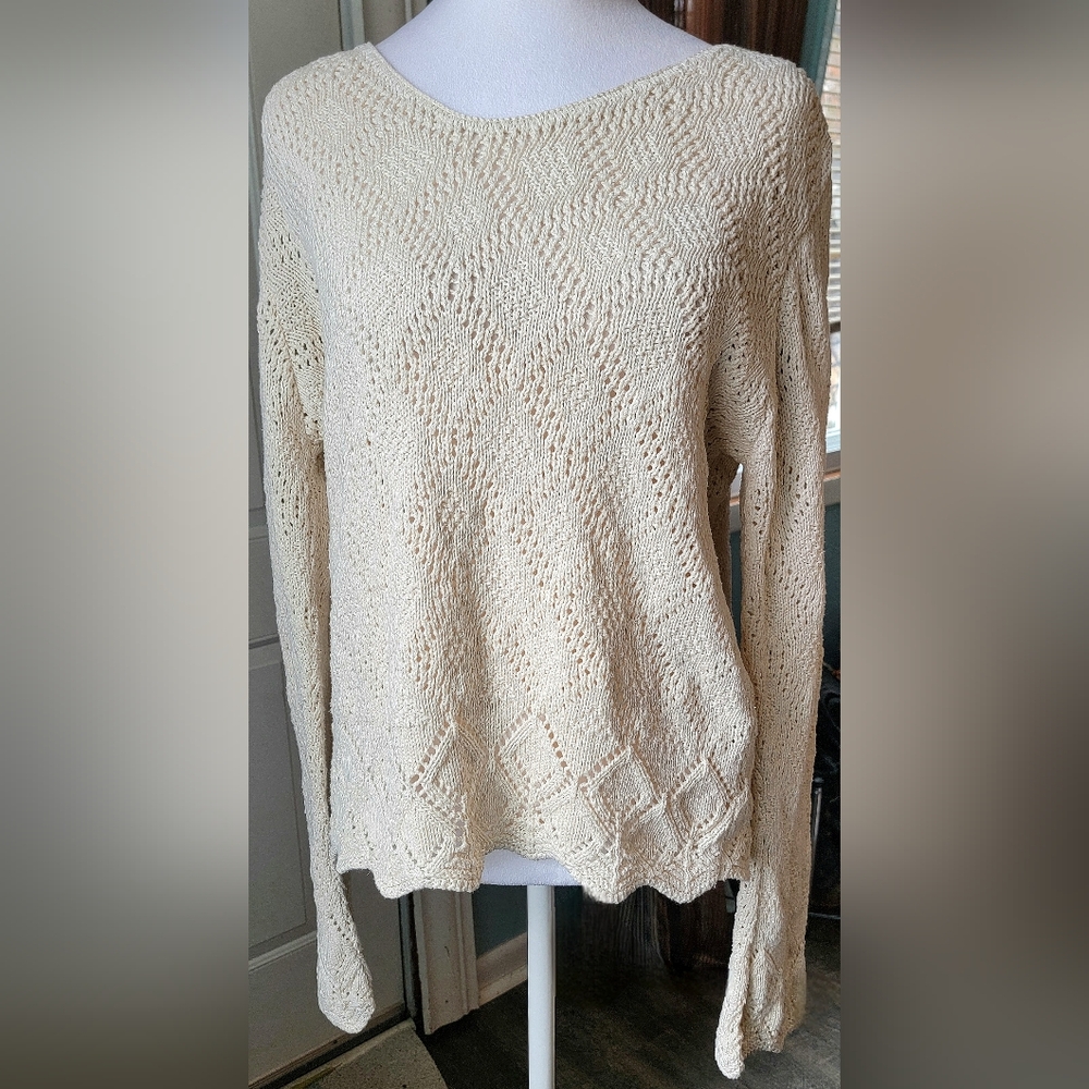 90s Y2K Reba Rose 100% Cotton Diamond Knit Sweater Womens M Ivory Bell Sleeve Bo